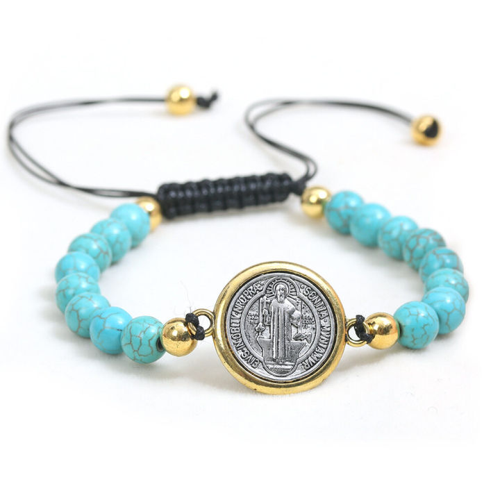 Saint Benedict Charm Hand-Edited Turquoise Stone Bracelet