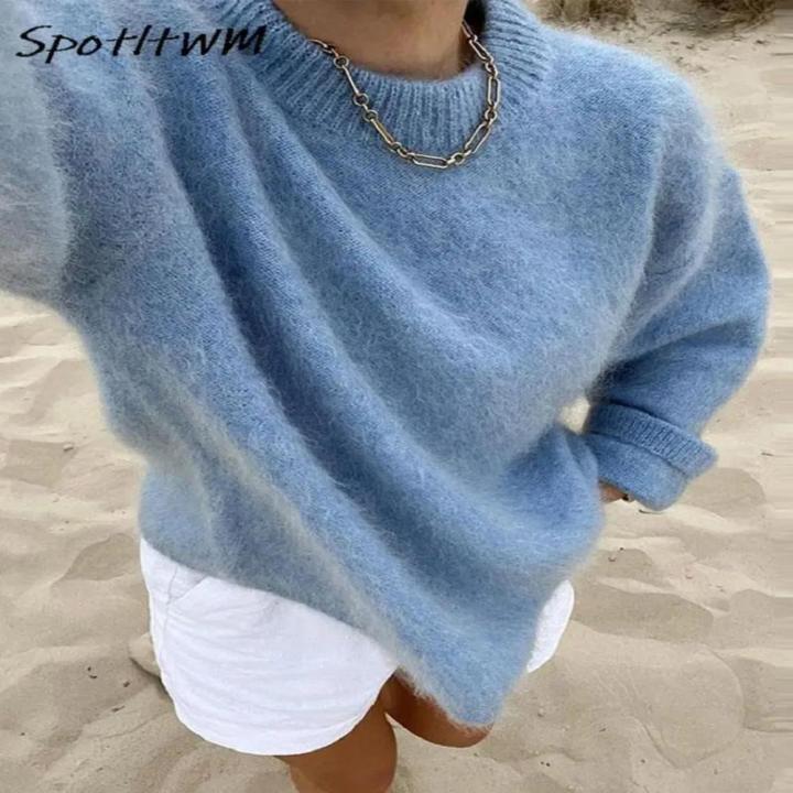 Autumn O-neck sweater Cozy Fashion Women's Rib knitted sweater Winter Casual Mohair sweater for All-match Outdoor Daily wear Office attire Street style