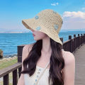 Cute Rustic Straw Sun Hat With Blue Floral Accents, Wide Brim Beach Hat For Women, Summer UV Protection, Fashionable Floppy Hat For Seaside & Outdoor Activities.