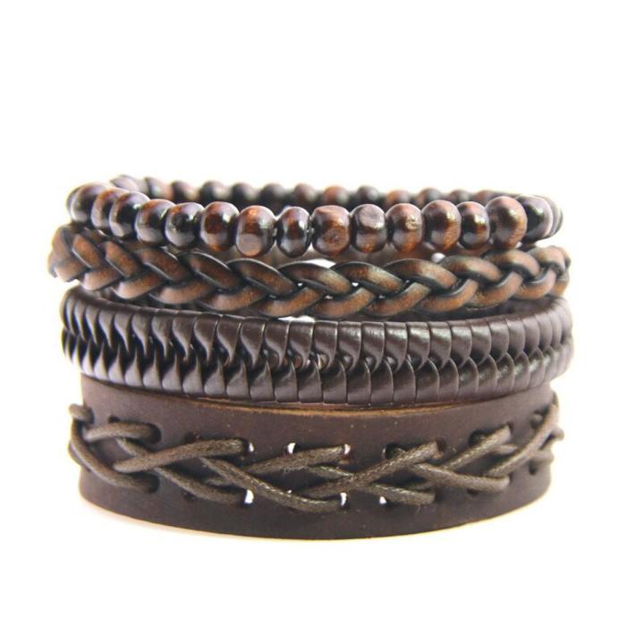 1Set 3/4Pcs Mix Leather Bracelet Men Multi-layer Bracelet Ladies Punk Casual Mens Bracelets Jewelry Accessories Classic Pulseira