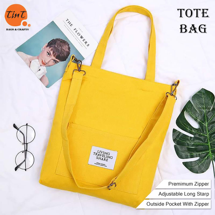 Canvas Tote Bag with Long Adjustable Strap Exclusive Design Yellow Color Shopping Bag College University Bag Tote Bag Canvas Bag with Zipper Daraz .bd