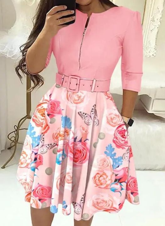 Womens Dresses 2023 Summer Fashion Floral Print Colorblock Zipper Design Casual Round Neck Three Quarters Midi Party Dress