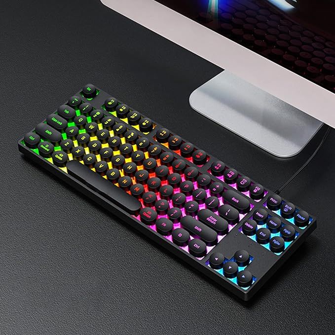 Wired Keyboard, Plug and Play 87 Round Keys Family Gaming Keyboard (Black)