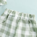 3 Pcs Infant Plaid Outfits, Girls Ruffled Boat Neck Tank Tops + Trousers with Pocket + Headband. 