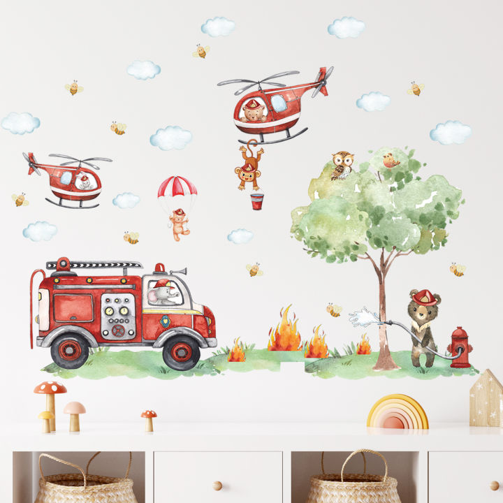 Cartoon%20A%20GrouCartoon%20Animal%20Fireman%20Helicopter%20Fire%20Truck%20Wall%20Stickers%20for%20Kids%20Room%20Bedroom%20Nursery%20Decoration%20Wall%20Decals%20-%20Image%204