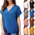 Lavish indulgent - Women Summer Short Sleeve Wrinkle V-neck Solid Color Women's Lady Tops Shirt Casual T-shirt - Easy To maintain.