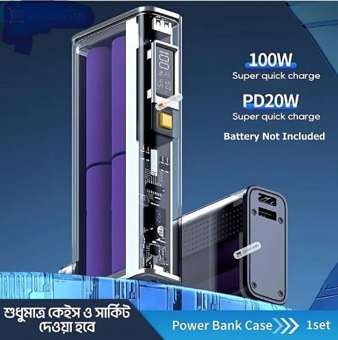 Battery Charger Case Portable DIY Power Bank Box LCD PD22.5W Dual-Direction Fast Charging Case for 4PCS 21700 Battery (Battery Not included)