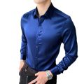 Men's Luxury Navy Satin Dress Shirts 2023 Brand New Slim Fit Long Sleeve Shirt for Men Business Casual Strech Chemise Homme.