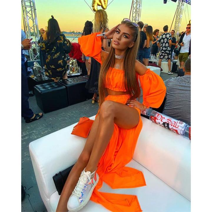 8 Colors Summer Women's Clothes Sets Solid Color Off Shoulder Long Sleeve Tops Cover Up Skirt 2pcs Suit Holiday Beachear