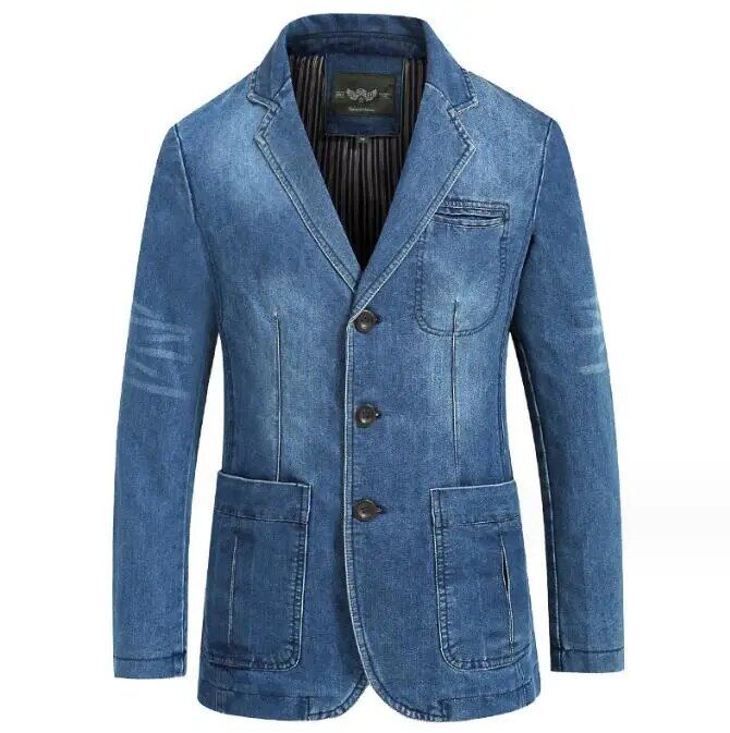 Men's Denim Blazer Fashion Jean Jacket Men Suits Collar Business Coat Denim Outwear