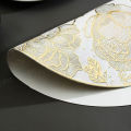 Golden Flower Placemat | Round PVC Dining Mat | Heat-Resistant Table Pad | Non-Slip Table Protector | Washable Decorative Placemat | Elegant Wedding Tableware | Festival Dining Table Mat | Luxury Gold Table Decor |  Model PM 1001 by Pizeon Luxury Linens. 