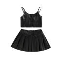 (New) kids girls casual suit solid color sleepveless sling tops button pleated short skirt, black. 