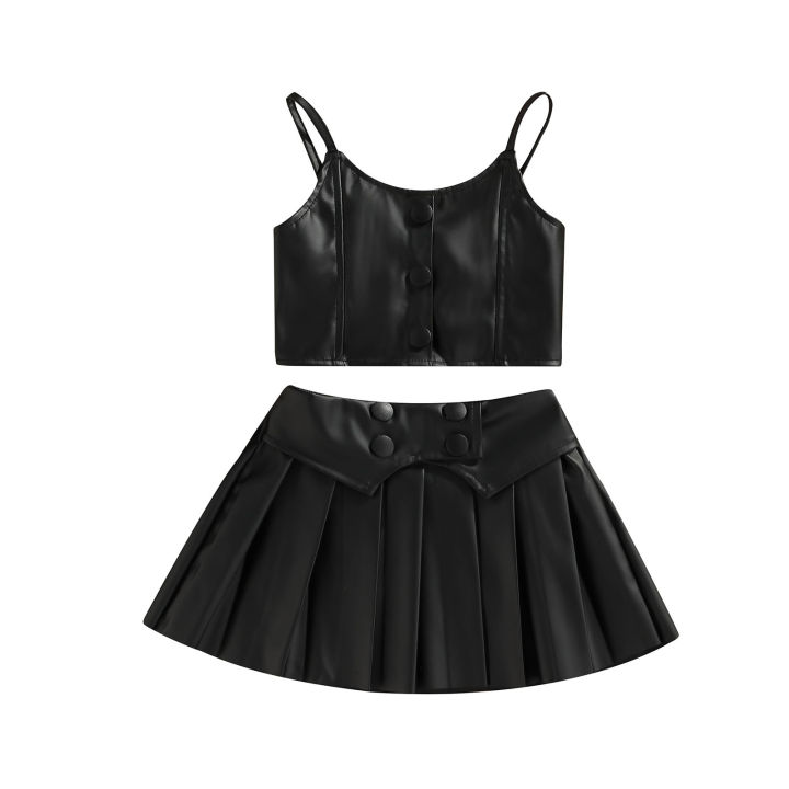 (New) kids girls casual suit solid color sleepveless sling tops button pleated short skirt, black
