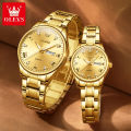 OLEVS 5563 Original Couple Watch Men Women Stainless Steel Quartz Waterproof Fashionable Casual Luxury Lover's Wristwatch - Golden. 