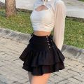 Gothic Street Bandage Ruffle Tiered Skirt Women High Waist Solid Criss Cross Tie Up A-Line Mini Skirt Pleated Skirts.