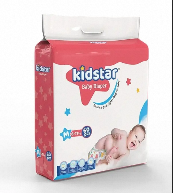 Kidstar Ultra Soft Baby Belt Diaper Medium (M) 60pcs Pack (6-11 Kg) for Kids Dryness, Safety and Comfortable Pampers