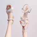 ZHR Women's Chunky Heel Sandals 2024 New Summer Square Head Strap Fairy Style Pearl Strap Women's Mid-Heel Shoes. 