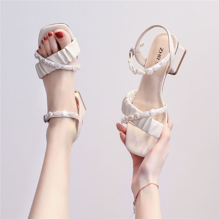 ZHR%20Women's%20Chunky%20Heel%20Sandals%202024%20New%20Summer%20Square%20Head%20Strap%20Fairy%20Style%20Pearl%20Strap%20Women's%20Mid-Heel%20Shoes%20-%20Image%209