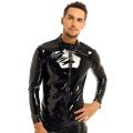Mens Shiny Wetlook Leather Shirt Shaping Sheath Latex Cacomfortable sual Coat Male Glossy Metallic PVC Leather Jacket Tops i.