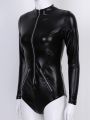 Women Bodycon Bodysuit Zipper Patent Leather Jumpsuit Ladies Slim Long Sleeves Bodysuits Rompers Body Mujer.