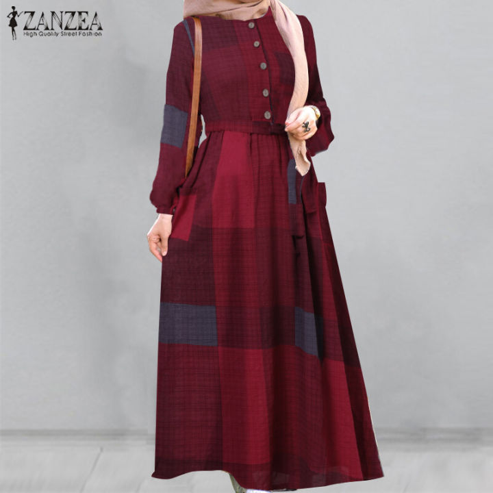 ZANZEA Muslimah Wanita Muslim Lengan Panjang Kasual Longgar Semak Plaid Kaftan Tunic Pakaian Maxi Panjang