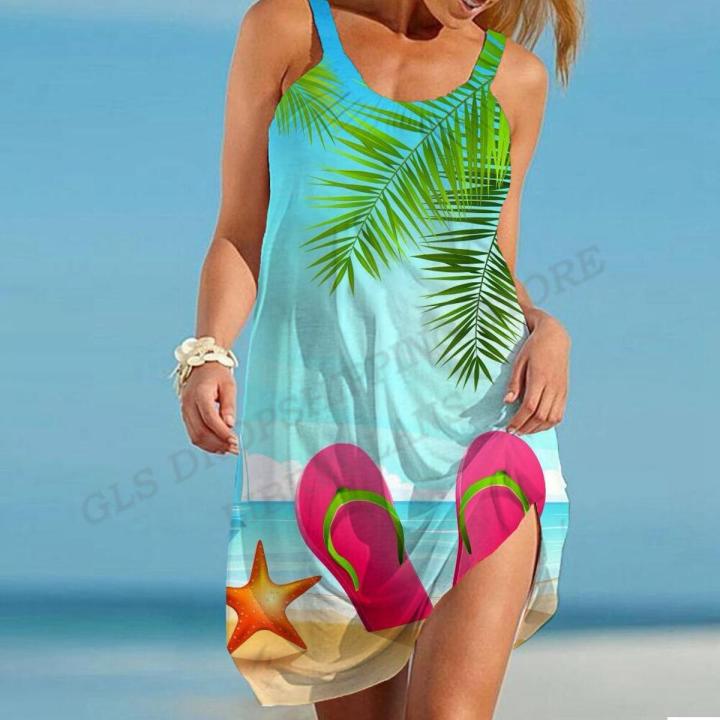 Women's Knee Length Casual Sundress - Sleeveless Strap Loose Fit, Sea Turtle Print Nightwear Dress - View #6