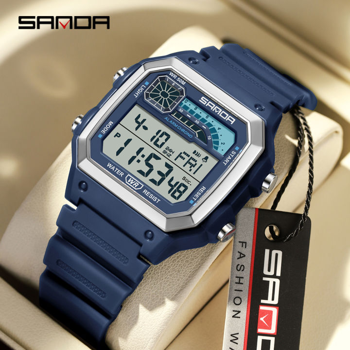 【Tech-savvy】 SANDA 6196 Electronic Watch Multi functional Night Glow Waterproof Sports Men's Lightweight Square Classic Student Watch