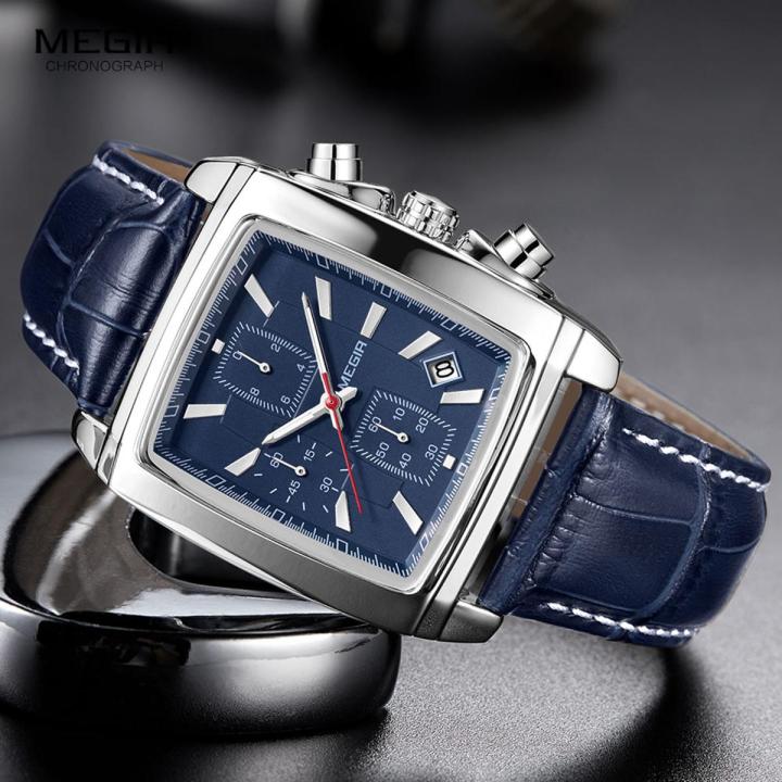 Megir Rectangle Dial Leather Strap Watch for Men Casual Blue