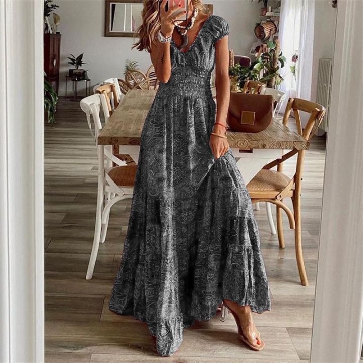 Women%20Floral%20Print%20Casual%20Dress%20Summer%20Elegant%20V-neck%20Pleated%20Vintage%20Bohemian%20Maxi%20Dresses%20Female%20Big%20Swing%20Holiday%20Long%20Dress%20-%20Image%207