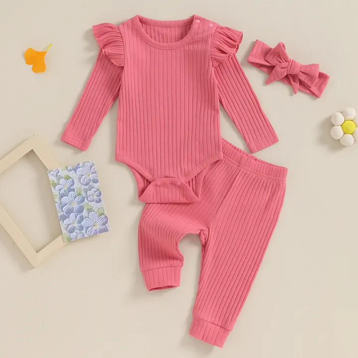 FOCUSNORM%200-18M%20Autumn%20Baby%20Girls%20Boys%20Clothes%20Sets%203pcs%20Solid%20Color%20Long%20Sleeve%20Ribbed%20Romper%20+%20Pants%20+%20Headband%20-%20Image%204