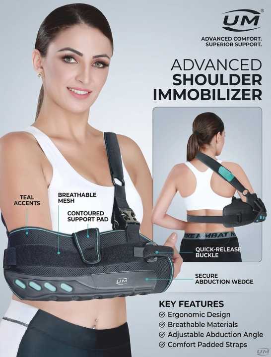 Universal Shoulder Abduction Arm Sling, Medical Support Brace, Black with Turquoise Accents | UM C-17