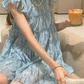 Printed A Line Above Knee Mini Dress Chiffon A Line Loose O-neck Casual Dresses. 