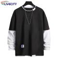 Decorative Splicing Style T-shirt Stylish Men's Two-piece Patchwork Sweatshirt Trendy Fall/winter Hop Stwear for Soutast Asian Fashion Enthusiasts Men Round Neck T-shirt.