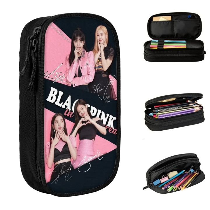 New Black Pink Pencil Case Korea Pencilcases Pen Box for Student Large Storage Bag Students School Cosmetic Stationery