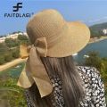 Summer Women Large Bow Straw Hat Portable Foldable Holiday Beach Sun Visors Hand Woven Solid Color Female Sunshade Bonnet Cap. 