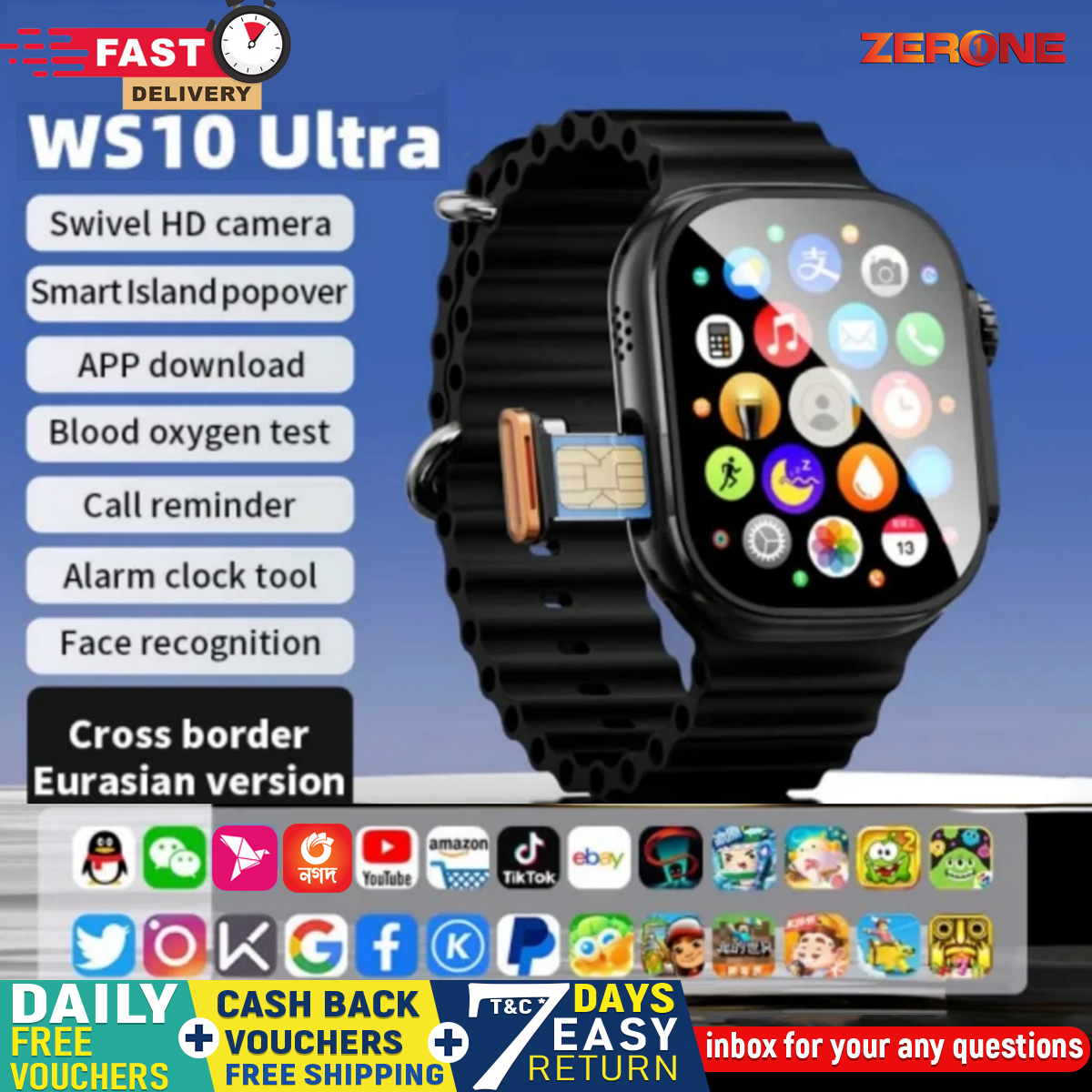 WS10 Ultra Android Smartwatch: 8GB RAM, 128GB ROM, Rotatable Camera & AMOLED Display 5G Android Smart Watch Wifi Sim Supported Google , playstore youtube game