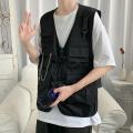 Men'S Cargo Vest Multi Pockets Sleeveless Solid Color V Neck Loose Match Pants Zipper Chain Decor Men Waistcoat Men Clothes. 
