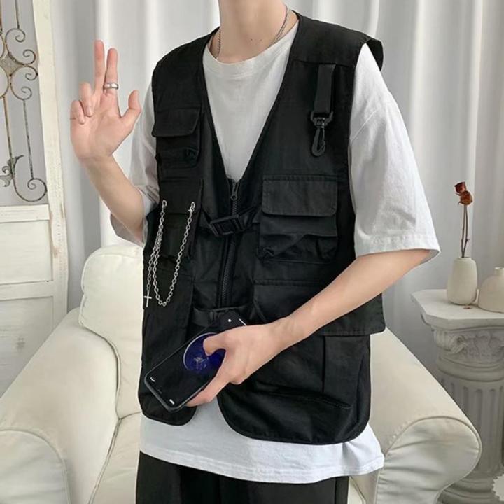 Men'S%20Cargo%20Vest%20Multi%20Pockets%20Sleeveless%20Solid%20Color%20V%20Neck%20Loose%20Match%20Pants%20Zipper%20Chain%20Decor%20Men%20Waistcoat%20Men%20Clothes%20-%20Image%206
