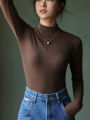 Micron Velvet Half Turtleneck Bottoming Shirt Women's Autumn and Winter Inner Wear Dralon plus Velvet Mid Collar Slim Long Sleeve Top.