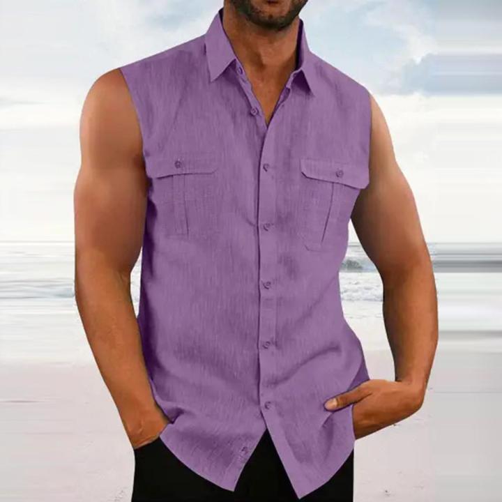 Leisure Men's Cotton Linen Tank Tops 2023 Spring Summer Casual Solid Color Buttoned Lapel Sleeveless Vest Shirt Fashion Camisole