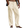 Men Linen Plus Size Drawstring Elastic Waist Button Trousers Solid Color Loose Beach Causal Long Pants. 