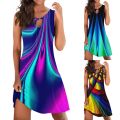 3D Abstract Painting Mini Dress Women Fashion Printed Hollow Out Sleeveless Dresses Elegant Boho Loose Beach Dress Party Vestido.