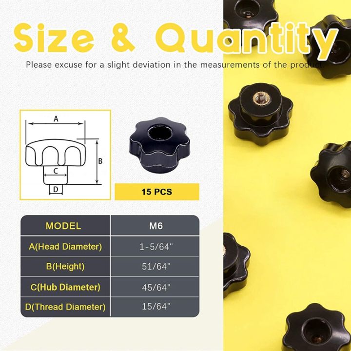 15Pcs%20M6%20Star%20Knob%20Clamping%20Handle%20Nut%20Through%20Hole%20Set%20Brass%20Female%20Threaded%20Handle%20Screw%20on%20Knob%20Grip%20Black%20Plastic%20-%20Image%207