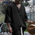 Men Top Men's Retro Applique V Neck Half Sleeve Loose Fit T-shirt Soft Breathable Sports Casual Tee Polyester Half-sleeve Shirt.