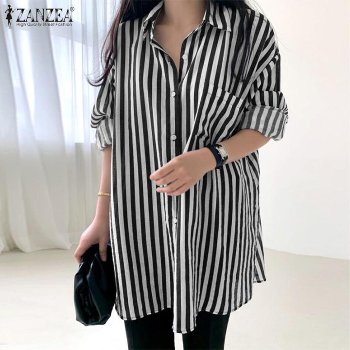 ZANZEA Korean Style Women Fashion Casual Lapel Shirt Button Down Striped Tops Blouse
