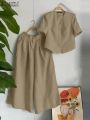 Women's Summer Vintage Short Sleeve Blouse Wide Leg Pants Sets Women 2PCS Solid Matching Sets Casual Loose Tracksuit Outfits.