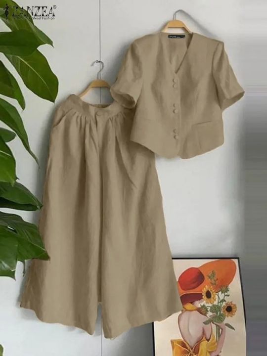 Women's%20Summer%20Vintage%20Short%20Sleeve%20Blouse%20Wide%20Leg%20Pants%20Sets%20Women%202PCS%20Solid%20Matching%20Sets%20Casual%20Loose%20Tracksuit%20Outfits%20-%20Image%204