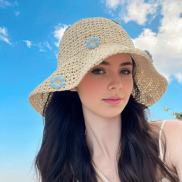 Cute%20Rustic%20Straw%20Sun%20Hat%20With%20Blue%20Floral%20Accents,%20Wide%20Brim%20Beach%20Hat%20For%20Women,%20Summer%20UV%20Protection,%20Fashionable%20Floppy%20Hat%20For%20Seaside%20&%20Outdoor%20Activities%20-%20Image%202