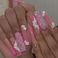 24pc French artificial nails with designs y2k butterfly 3D charms press on nails XLong ballet coffin false nails with rhinestone. 