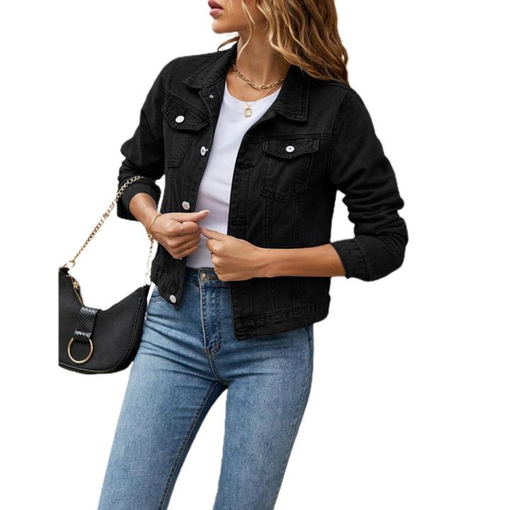 Jumperjuser-Women's Solid Color Denim Jacket, Casual Long Sleeve Button Down Chest Pocket Jean Jacket